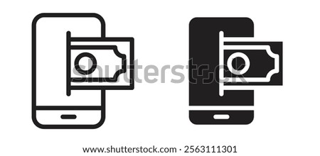 Send money smartphone icons in black line and filled versions