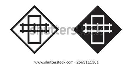 Railroad crossing signs in black line and filled versions