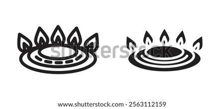 Fire burner icons in black line and filled versions