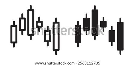 Chart candlestick icons in black line and filled versions