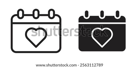 Calendar heart icons in black line and filled versions