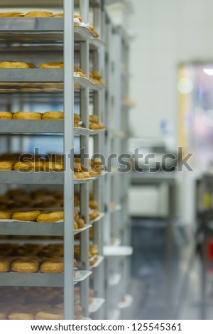 Shelves with baked donuts in fast food restaurant in huge store