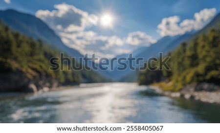 Similar – Image, Stock Photo Bright river landscape under cloudy sky with houses and buildings o city