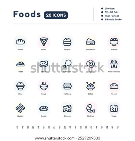 Food Icon Set – 20 Simple Line Icons with Editable Stroke, 32x32 Pixel Perfect Vector