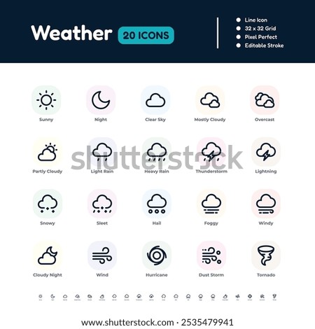 Weather Icon Set – Line Icons with Editable Stroke, 32x32 Pixel Perfect Vector