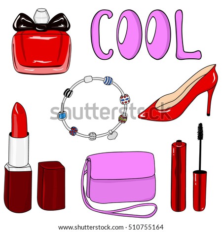 Beauty clip-art. Set of cool, perfume, women's shoes, bracelet, lipstick, mascara, handbag. Fashion accessories patches set. Hand drawing beauty sticker. Vector illustration beauty icon. Red and pink.