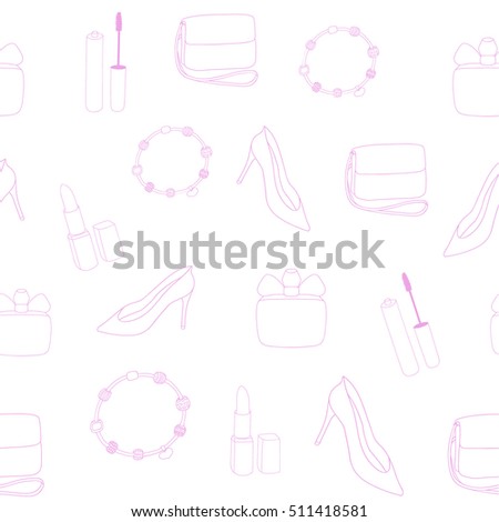 Beauty seamless pattern. Girl poster. Object in pink. Women's shoes, handbag, bracelet, lipstick, mascara, perfume. Fashion accessories. Hand drawing beauty sticker. Vector illustration beauty icon.