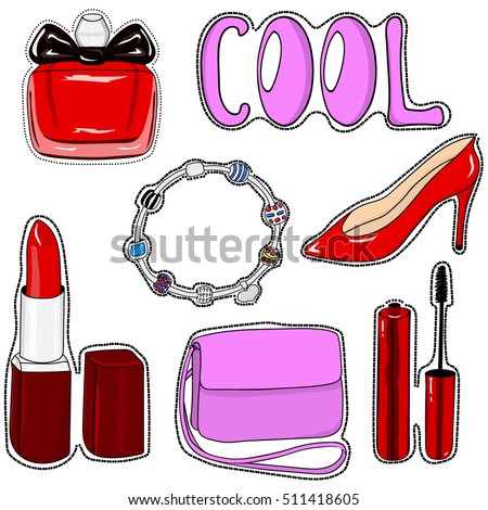 Fashion patch badges with shoes, handbag, bracelet, lipstick, mascara, perfume, cool. Set of stickers, pins, patches in cartoon style. Beauty clip-art. Hand drawing beauty sticker. Vector illustration