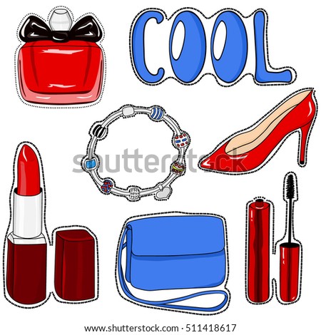 Fashion patch badges with shoes, handbag, bracelet, lipstick, mascara, perfume, cool. Set of stickers, pins, patches in cartoon style. Beauty clip-art. Hand drawing beauty sticker. Vector illustration