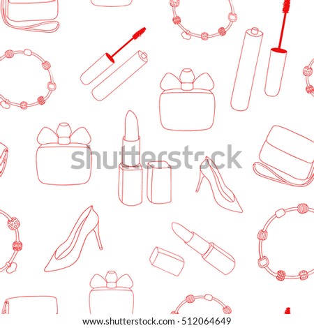 Beauty seamless pattern. Fashion background. Women's shoes, handbag, bracelet, lipstick, mascara, perfume. Fashion accessories in red. Hand drawing beauty sticker. Vector illustration beauty icon.
