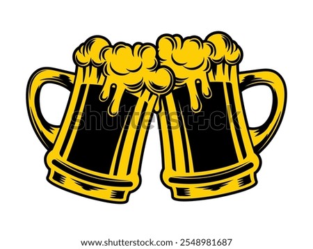 Glass or ceramic mugs filled with golden light beer with overflowing froth heads. Isolated on white background, for brewery emblem or beer party design