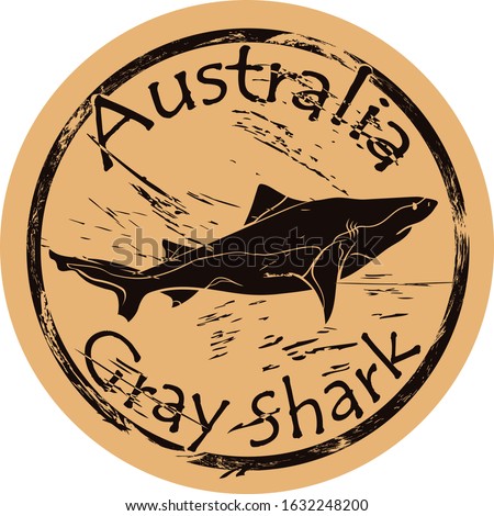 Gray shark silhouette icon vector round shabby emblem design old retro style. Shark in full growth logo mail stamp on craft paper. Deepwater dogfish shark vintage grunge sign. DeepWater Dog Fish Shark