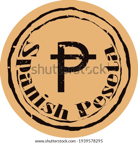 Spanish peseta coin in old style. Old currency of Spain symbol. Peseta icon silhouette grunge texture. Vector round stamp with currency sign inside. Flat style for app web digital design. ESP