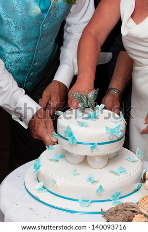 wedding cake and bride and groom with the knife