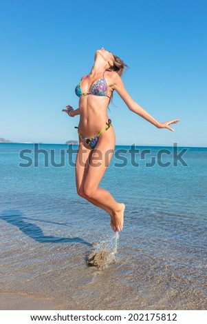 seductive woman wear fashionable swimwear, tanning girl near ocean, tropical resort, summer holiday