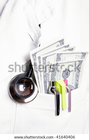 Doctor with 100 dollars bills in his pocket