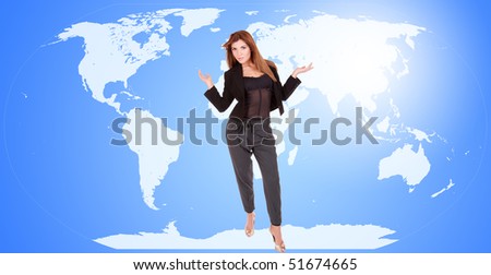 Young attractive businesswoman with world map in background - globalization