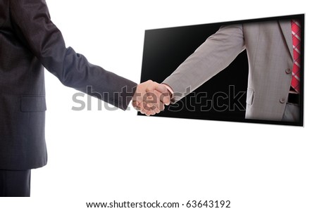 Businessmen shaking hands out of TV screen