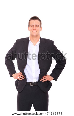 Elegant business man in a suit hands on the hips - isolated over a white background