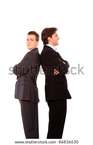 Two business men standing back to back isolated