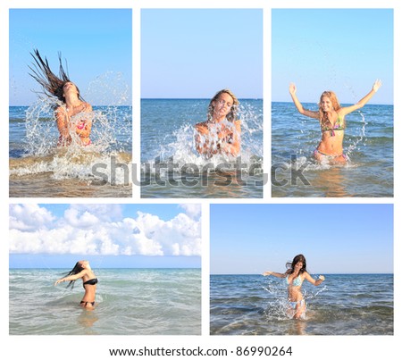Collage of photo pretty white woman sunning on the beach and on the sea