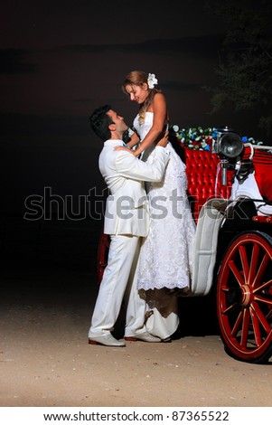 Beach wedding: bride and groom and a carriage by the sea