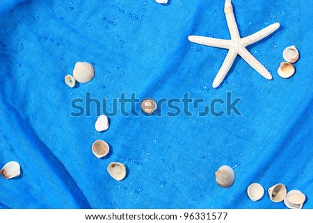 Starfish and shells on blue cloth at Greek wedding
