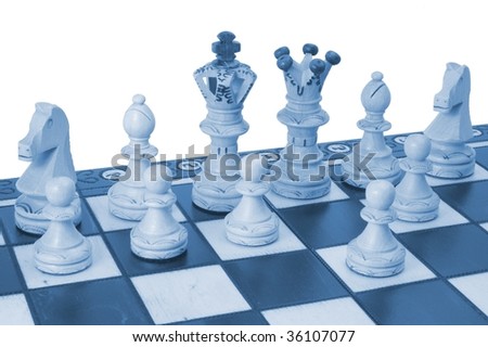 chess pieces on board - white background - symbol of strategy
