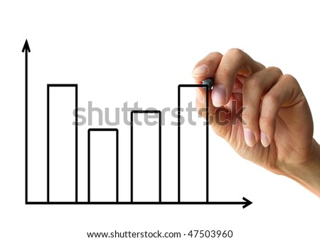a human hand drawing a business chart isolated on a white background