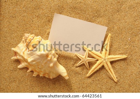 holiday beach concept with shells, sea stars and an blank postcard