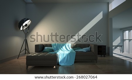 Contemporary living room with modern love seat sofa and lighting. 3d rendering