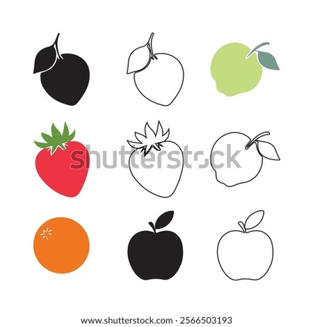 This image features a collection of various fruits – apples, oranges, strawberries, and quinces – presented in three distinct styles: solid color fill, outline, and a light-filled color.