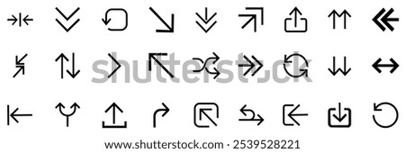 Arrows icons line set. Upload line icon set with editable stroke. Line Art Icon Set Vector Template Illustration Design. Vector arrows of various shapes and directions. Premium icon pack vector.