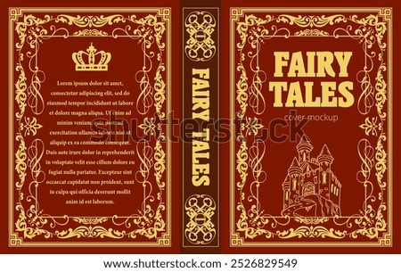 Red and gold fairy tales book cover design featuring a golden ornate frame and a castle