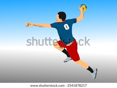 Male athlete playing handball and jumping to throw the ball. No AI