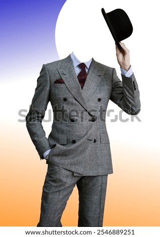 Elegant gentleman wearing a suit and tie tipping his hat with a blank space where his face should be. No ai