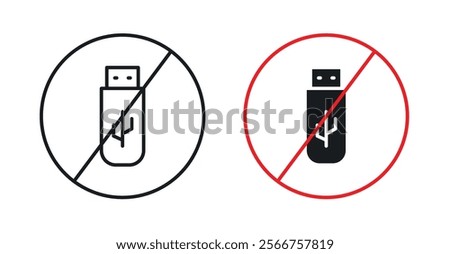 No USB flash drive signs in black outline, solid and colored style