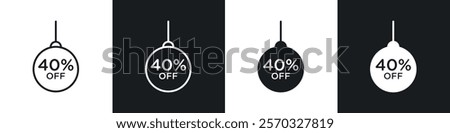 Christmas ball with 40 off discount icons vectors set in black. line and flat versions