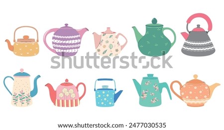 Set of teapots isolated. Cute kettles with ornaments, ceramics, different design crockery, hot drinks mug, kitchen pottery tableware. Isolated appliance for boiling or heating water.