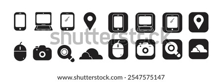 16 Updated Icons, Mobile, Laptop, Tab, Location, Mouse, Camera, Search, Cloud, white background and black color variation, Useful Icons, Symbols, and Signs.