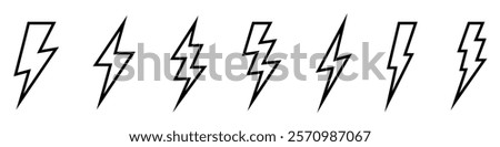 Vector electric lightning bolt logo set isolated on white background for electric power symbol, poster, t shirt. Thunder icon. Storm pictogram.	