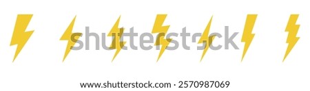 Vector electric lightning bolt logo set isolated on white background for electric power symbol, poster, t shirt. Thunder icon. Storm pictogram.	