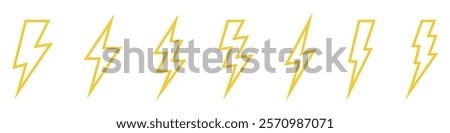 Vector electric lightning bolt logo set isolated on white background for electric power symbol, poster, t shirt. Thunder icon. Storm pictogram.	