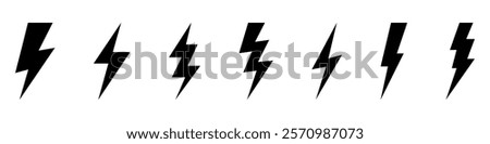 Vector electric lightning bolt logo set isolated on white background for electric power symbol, poster, t shirt. Thunder icon. Storm pictogram.	