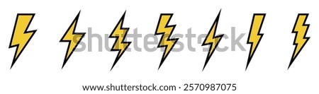 Vector electric lightning bolt logo set isolated on white background for electric power symbol, poster, t shirt. Thunder icon. Storm pictogram.	