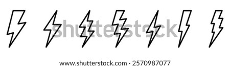 Vector electric lightning bolt logo set isolated on white background for electric power symbol, poster, t shirt. Thunder icon. Storm pictogram.	