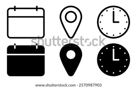 Address time date icons set. Address location icon. Stopwatch timer icon. Date Calendar icon.