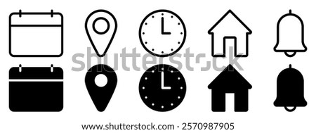 Address time date icons set. Address location icon. Stopwatch timer icon. Date Calendar icon.