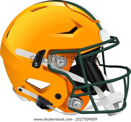 Realistic yellow 3D helmet with white and green stripes. Green mask and chin strap