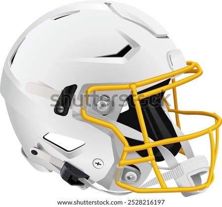 Realistic white 3D helmet with yellow mask and chin strap